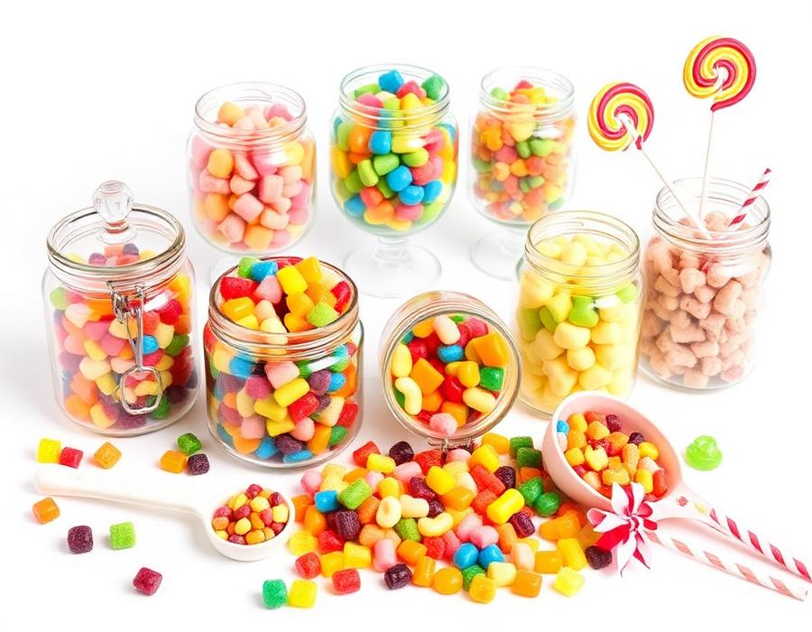 Glass jars filled with colorful classic and modern candy, gummies and lollipops