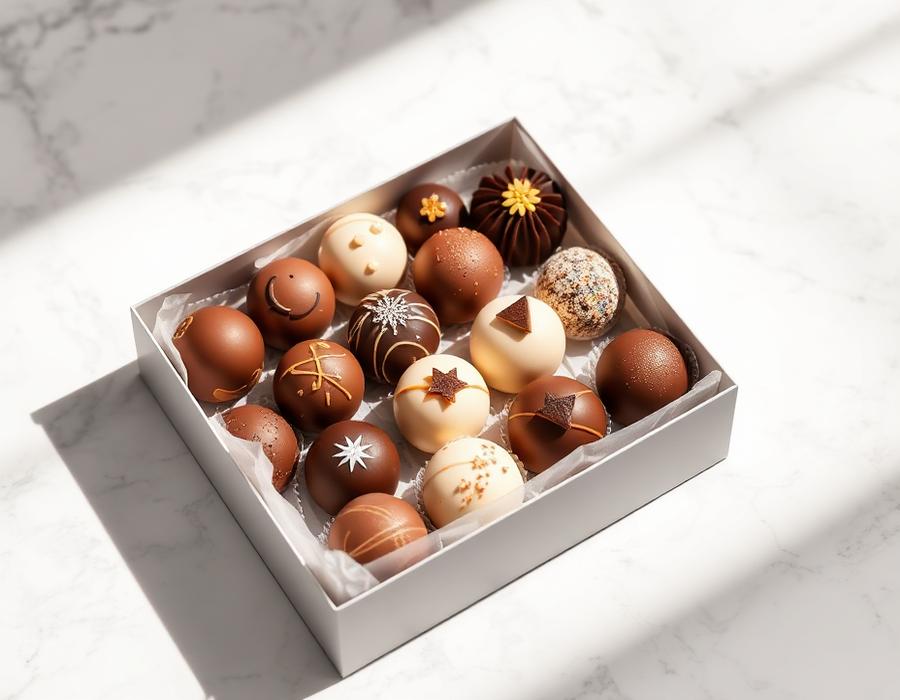Box of assorted artisan chocolates and truffles on white marble