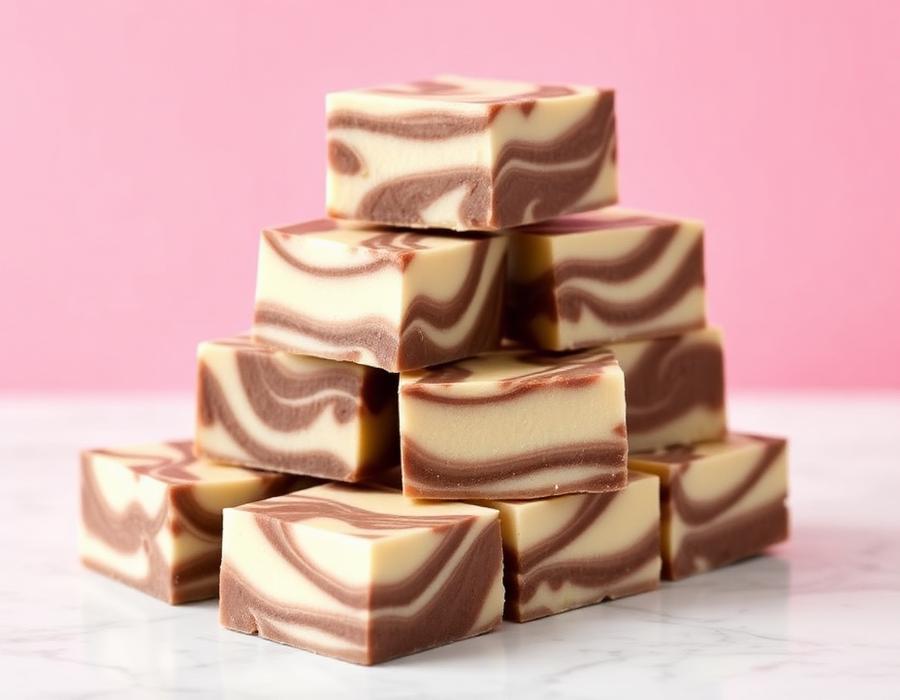 Stacked squares of handmade chocolate and vanilla swirl gourmet fudge