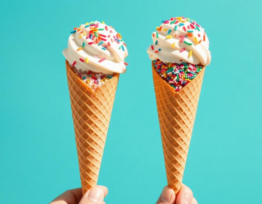 Two ice cream cones topped with rainbow sprinkles against a turquoise background