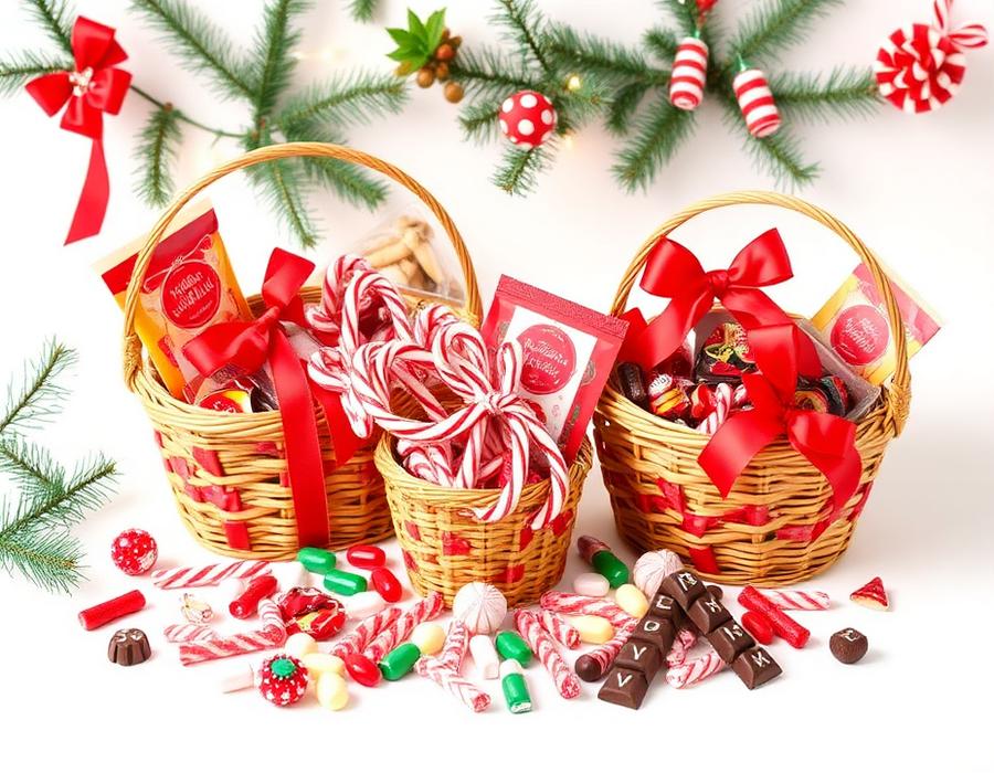 Seasonal candy gift baskets with ribbons, candy canes and chocolates