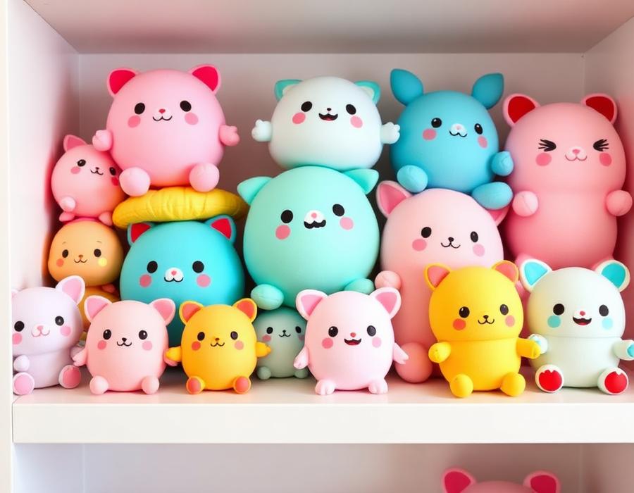Shelf of colorful pastel squishy toys and kawaii novelty characters