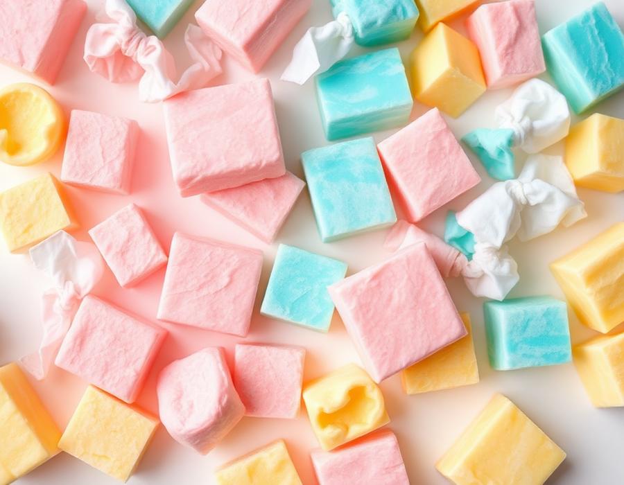 Pastel pink, turquoise and yellow saltwater taffy pieces in wrappers